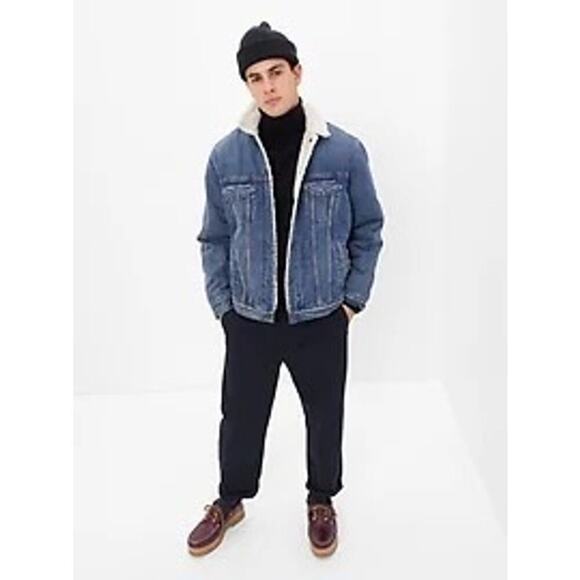 Gap Men’s Sherpa-Lined Icon Denim Jacket Size Large Medium Wash Blue Classic - Picture 2 of 8